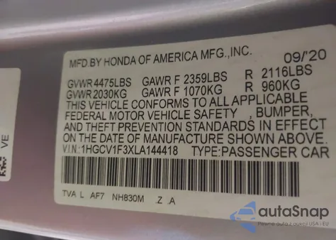 2020 Honda Accord Sport из США, поврежденный, VIN 1HGCV1F3XLA144418